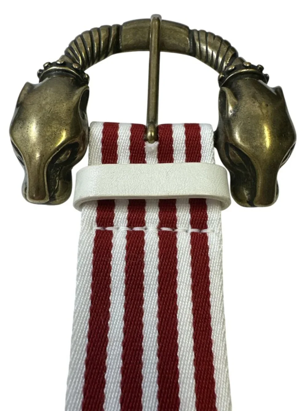 Brass Jaguar Head Buckle Red White Stripe Statement Belt Womens